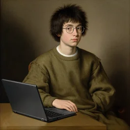 portrait of a shaggy black haired teenager with glasses olive colored sweater with a laptop, full body, renaissance painting, ultra detailed, high resolution, masterpiece