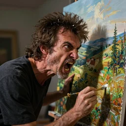 insanely angry bob ross screaming at painting mistake