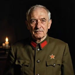 A oldman wearing a comunist uniform looking to the camera, artwork by Craig Mullins, portrait, black background, candle lights, trending on artstation, dramatic cinematic light