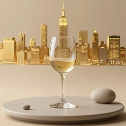 5 5 mm photo of wine - glass on a zen minimalist table with gold new york city skyline at night in the background. highly detailed 8 k. intricate. lifelike. warm soft light. nikon d 8 5 0.