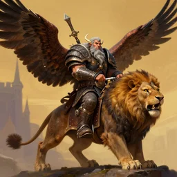 a warcraft dwarf riding a griffin, half - eagle half - lion, in the style of ralph horsley, rossdraws, ilvya kuvshinov, stylized background, matte painting, maya, pixar, cinematic lighting, artstation, highly detailed, masterpiece, epic