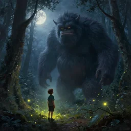 a painting of a small boy that discovers a giant hairy monster in a misty moonlit forest, surrounded by fireflies, by peter mohrbacher, cgsociety, cinematic lighting