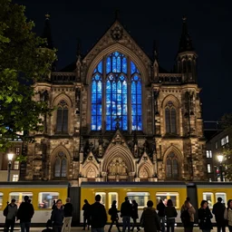 neo - gothic berlin with church train station, stained glass, blue lights, exterior, crowded place, trees, train, hyperdetailed, artstation, cgsociety, 8 k
