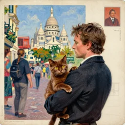the artists of montmartre paris, old postcard, ewan mcgregor is watching paintings carrying a brown cat with yellow eyes