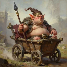 painting of fat goblin riding in a slapdash wooden cart holding a lance, fantasy art, magic : the gathering art, by diterlizzi