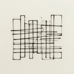 an abstract form, wireframe expression of matrices, minimal, black ink stamped on off white paper