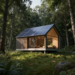 an award winning photograph of a minimalistic eco friendly solar powered home on a hill in the woods, unreal engine, octane render, lumion, architectural, concept art, hyper detailed, perfection, dramatic lighting