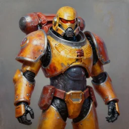 portrait imperial spacemarine, cool pose, vibrant colors, futuristic fashion, oil painting by de morgan, evelyn art, sharp focus, realistic, rusty helmet, 8 k