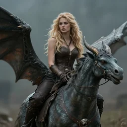 a beautiful blond woman on the back of a gargoyle into battle, 8 k, moody lighting, shallow depth of field,