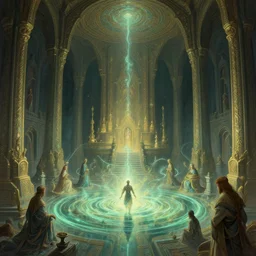 ancient magical temple, underground, intricate, elegant, highly detailed, digital painting, artstation, concept art, by gloomhaven, luminescent, swirly magic ripples, by greg manchess, huang guangjian, gil elvgren, sachin teng, greg rutkowski, jesper ejsing, krenz cushart, artem demura, alphonse mucha