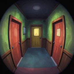 dimly lit, theater access corridor, 3 doors, 1 staircase,  day of the tentacle style, fish eye, by Makoto Shinkai and Wojtek Fus, by studio trigger, rossdraws, ambient occlusion, clean lineart and color, vibrant