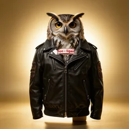 owl wearing biker gang jacket with label which says hoo - ligan, portrait photo, full body, backlit, studio photo, golden ratio
