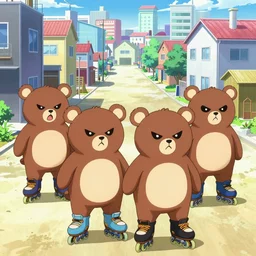 happybears!, humanoid bears, bear costumes, happy faces, evil happy faces, rollerblading, rollerskates, cel - shading, four humanoid bears, 2 0 0 1 anime, flcl, jet set radio future, japanese town, concentrated buildings, japanese neighborhood, construction site, cel - shaded, strong shadows, vivid hues, y 2 k aesthetic