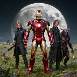 portrait of marvels ironman on the ( ( ( ( ( moon ) ) ) ) ) by hr giger, greg rutkowski, luis royo and wayne barlowe as a diablo, resident evil, dark souls, bloodborne monster, courtroom, elden ring creature : : in a garden, grassy field, large field in the background