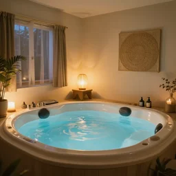 a photo of a cosy relaxing room, ambient light, whirlpool inside, relaxing atmosphere, ultra realistic details, trending on artstation, 8 k