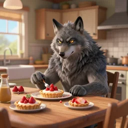 cute handsome cuddly burly surly relaxed calm timid werewolf from van helsing sitting down at the breakfast table in the kitchen of a normal suburban home cooking having fun baking strawberry tart cakes unreal engine hyperreallistic render 8k character concept art masterpiece screenshot from the video game the Elder Scrolls V: Skyrim