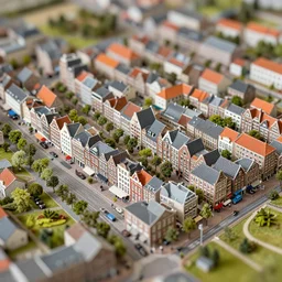 a miniature diorama of maassluis city center, top down view, handmade model, tilt - shift photography