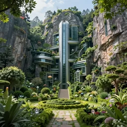vertical overwatch headquarters carved inside a mountain surrounding a lush garden, trimmed, magical, natural light, fantasy, sharp focus, concept art, by greg rutkowski and craig mullins, atmospheric, octane render