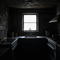 low contrast photography, dark underground kitchen, windowless