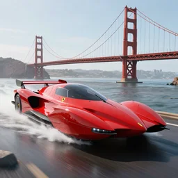 concept art featuring a futuristic red racing speedboat designed in the style of ferrari racing under the golden gate bridge. fine detail. surf. this 4 k hd image is trending on artstation, featured on behance, well - rendered, extra crisp, features intricate detail, epic composition and the style of unreal engine.