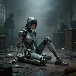 a female cyborg sitting on the floor, inside an old apartment, cybernetic parts and wires and cables scattered across the floor, dystopian aesthetics, cyberpunk, concept art, misty, cinematic, dramatic lighting, ominous, by jeremy mann and michael weisheim beresin and ruan jia