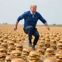 photograph of joe biden skipping through a field of cheeseburgers, 8k high resolution, DSLR, super high detail, anatomically correct, expressive,