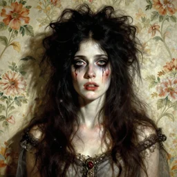 a beautiful and eerie baroque painting of a beautiful but horrifying woman in layers of fear, with haunted eyes and dark hair piled on her head, 1 9 7 0 s, seventies, floral wallpaper, wilted flowers, a little blood, morning light showing injuries, delicate embellishments, painterly, offset printing technique, by robert henri, walter popp, alan lee