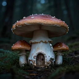 A mushroom house!!!!, in a dark forest, macro, cool tones, underexposed, overecast, mysterious matte painting by greg rutkowski and marc simonetti and Ivan Shishkin, 4k
