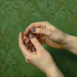 by 1 9 th century famous painter, hands, nail polish, realism, realistic, oil painting, green wallpaper background