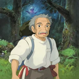 a storybook illustration by studio ghibli, magical realism, an anime grandpa on an action adventure the otherworldly spirit world, painting by kazuo oga in the anime film, screenshot from the anime film spirited away by makoto shinkai