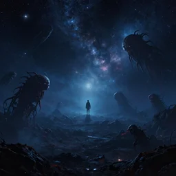 Endless hopeless void with stars and cosmic horror creatures floating far inside, photorealistic