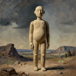 a tall clay humanoid creature approaching, reference sheetpainted by james jean and rene magritte