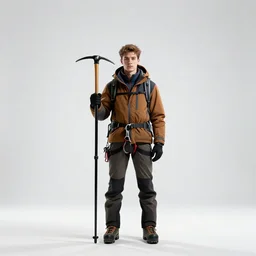 young mountaineer with ice axe, studio photography, full body, standing, isolated on a pure white background, centered, whole figure in frame, sharp focus, studio lighting