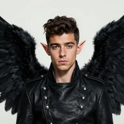 portrait painting by jeremy mann, head and shoulders portrait of zayn malik with black angel wings and elf ears by jeremy mann, wearing leather napoleonic military style jacket, pointy ears, large black wings background, black wings, black angel wings