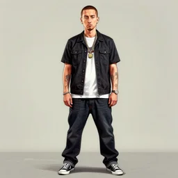 eminem in gta v covert art painted by stephen bliss, centered, uncropped, full body, symmetrical face, crispy, trending on artstation, deviantart