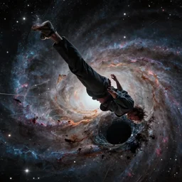 spaghettification of a man falling into a black hole, at the event horizon he gets stretched by his feet, elongated in an infinite spiral toward the center of the black hole, sharp focus, dynamic, cinematic lighting, highly detailed, galaxy, nebula, artstation, divine, by gauthier leblanc, kazuya takahashi, huifeng huang