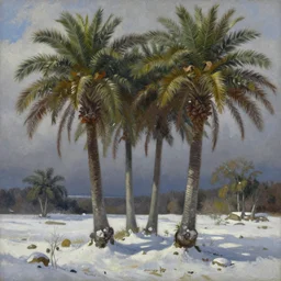 winter landscape with large coconut trees, painting oil on board by olaf krans