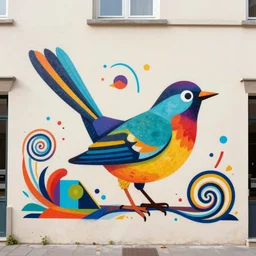 by howard schatz, by richard scarry mild. a beautiful street art of a large, colorful bird with a long, sweeping tail. the bird is surrounded by swirling lines & geometric shapes in a variety of colors