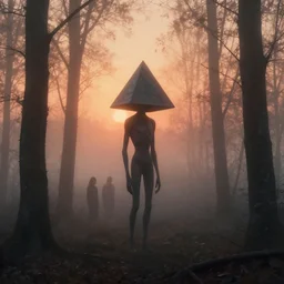 long subtle humanoid from another planet with big pyramid head, lost in the foggy woods, by simon stalenhag, evelyn de morgan and greg rutkowsky, sunset