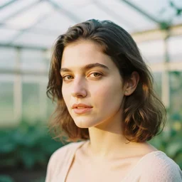 head and shoulder, close up portrait photograph of a woman inside a greenhouse by nina masic. pastel colors. Portra 400 film. Mamiya 7. highly detailed. hq. photoreal. Golden hour.
