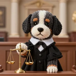a closeup photorealistic illustration of a knitted bernedoodle judge puppy dressed in a black gown presiding over the courthouse. scales of justice. this 4 k hd image is trending on artstation, featured on behance, well - rendered, extra crisp, features intricate detail, epic composition and the style of unreal engine.
