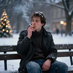 man sitting on park bench on christmas eve smoking cigarette snowing snowy. cigarette glowing embers smoke volumetric c4d. harsh lighting, live action photo 1993 film. bokeh Christmas lights in the background