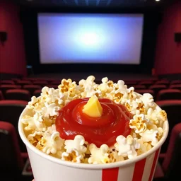 movie theater popcorn with ketchup instead of butter, photo, movie theater interior background, photo taken from the top row of seats looking out at the movie screen