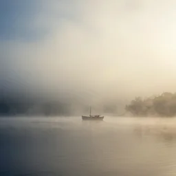 landscape with fishing boat on a lake, surrealism, beautiful light, HDR, hazy, foggy, atmospheric perspective, volumetric fog, cinematic, 35mm lens, anamorphic lens flare, photographic, cinematography by roger deakins, in the style of ansel adams, low details,