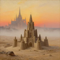 Landscape painting of a sand castle in a foggy desert in the evening. Gothic architecture. The sun sets. Warm colors. Dark bright effect. Oil on canvas by Caillebotte and Albert Bierstadt and Ernst Haeckel and James Jean. Very detailed drawing, with a deep sense of composition. The style of the painting is delicate and slightly drawn.