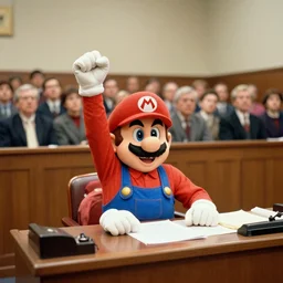 a 4 k photograph from the late 1 9 0 0 s of super mario sitting at a desk testifying in courtroom | a crowd of people sit behind it