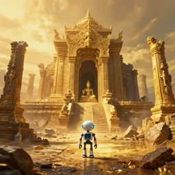 a tiny robot!!! discovers the ruins of a partly submerged temple to the elder gods, golden hour, dramatic lighting, fluid, smooth, bright, colours, high contrast, sharpness, very detailed, intricate, by donato giancola, gustave dore and junji ito and caravaggio