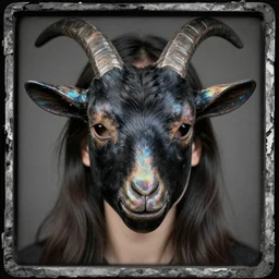 tintype of an iridescent girl with black goat mask, hyperrealistic, detailed