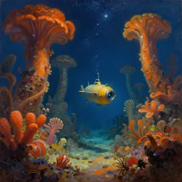 a beautiful cinematic view of an underwater deep sea submarine passing through an exotic tropical reef, underneath a star filled night sky, warm coloured, gigantic pillars and flowers, maschinen krieger, beeple, film, atmospheric perspective, abzu, oil on canvas
