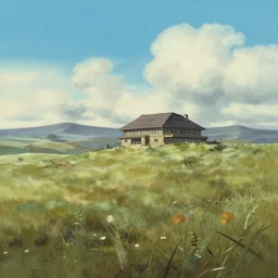 A serene landscape with a singular building in the style of Ralph McQuarrie.
